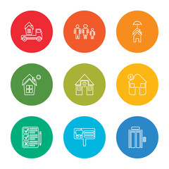 outline stroke elevator, billboard, clipboard, buy, house, mortgage, insurance, family, moving truck, vector line icons set on rounded colorful shapes