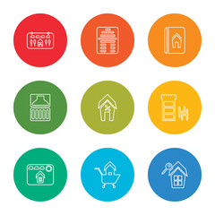 outline stroke real estate, shopping, picture, furniture, mortgage, balcony, catalog, log, real estate, vector line icons set on rounded colorful shapes