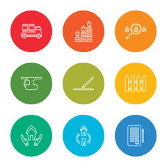 outline stroke document, mortgage, real estate, fence,  , cctv, search, house, truck, vector line icons set on rounded colorful shapes
