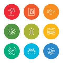 outline stroke halal, dua hands, reading quran, kaaba mecca, islamic lantern, arabic art, genie lamp, holy quran, palm tree with date, vector line icons set on rounded colorful shapes