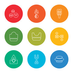 Fototapeta premium outline stroke vortex, sound fork, submerge, magnet, concave, convex, ph meter, beaker, h2o, vector line icons set on rounded colorful shapes