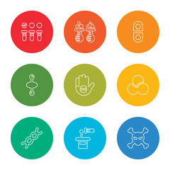 outline stroke poison, pour, dna, bond, hand wash, atom, medicines, test tubes, blood test, vector line icons set on rounded colorful shapes