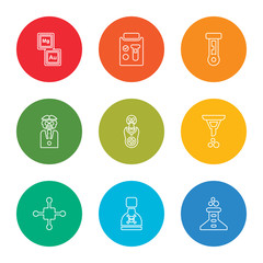 Fototapeta premium outline stroke beaker, poison, atoms, filter, toxic, professor, test tube, list, periodic table, vector line icons set on rounded colorful shapes