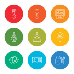 Fototapeta premium outline stroke vial, science book, gloves, loupe, flask, burner, electrocardiogram, flask, flask, vector line icons set on rounded colorful shapes