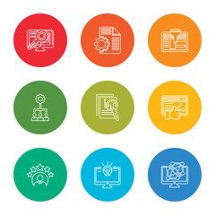 outline stroke computer, idea, rating, browser, analytics, networking, browser, contract, monitor, vector line icons set on rounded colorful shapes