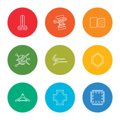 outline stroke patch, fabric, hanger, patch, needles, pin cushion, sewing thimble, thread, scissors, vector line icons set on rounded colorful shapes