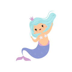 Beautiful Little Mermaid with Crown, Cute Sea Princess Character Vector Illustration