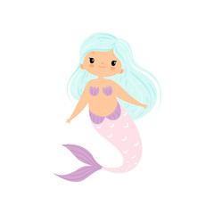 Beautiful Little Mermaid with Long Hair, Cute Sea Princess Character Vector Illustration