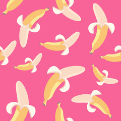 Banana seamless pattern on pink background. Raster illustration.