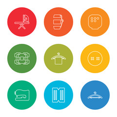Fototapeta premium outline stroke hanger, material, sewing machine, button, hanger, frame, arras, spool, ironing, vector line icons set on rounded colorful shapes