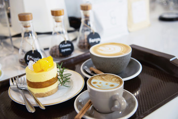 Beautiful fresh relax morning coffee cup set - Coffee set background concept