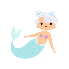 Beautiful Little Mermaid with White Hair, Cute Sea Princess Character Vector Illustration