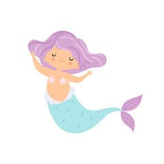 Beautiful Little Mermaid with Violet Hair, Cute Sea Princess Character Vector Illustration