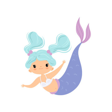 Sweet Little Mermaid With Light Blue Hair, Cute Sea Princess Character Vector Illustration