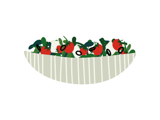 Delicious Salad with Feta Cheese and Vegetables in Ceramic Bowl, Fresh Healthy Dish Vector Illustration
