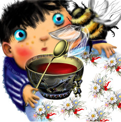 little boy with a cup of tea looking scared at a huge bee, children illustration
