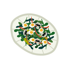 Delicious Salad with Greens, Eggs and Mushrooms on Plate, Fresh Healthy Dish, Top View Vector Illustration
