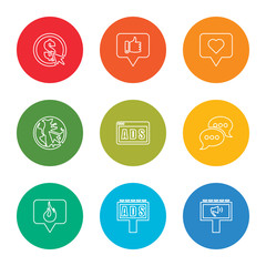 outline stroke advertising, ads, trending, chat, ads, internet, chat, like, pay per click, vector line icons set on rounded colorful shapes