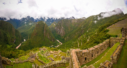 Panoramic view to Machu Picchu archaeological site with Polygonal masonry, Cuzco, Peru