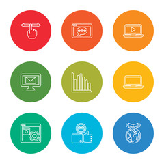 outline stroke marketing, like, options, laptop, bar chart, marketing, video player, feedback, swipe, vector line icons set on rounded colorful shapes