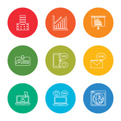 outline stroke browser, laptop, laptop, message, smartphone, id card, presentation, success, company, vector line icons set on rounded colorful shapes