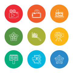 outline stroke network, announcement, billboard, video camera, analytics, social media, laptop, smartphone, video camera, vector line icons set on rounded colorful shapes