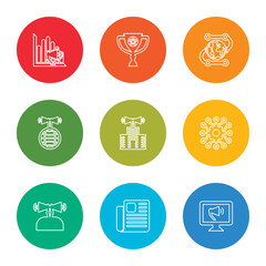 outline stroke promotion, newspaper, promotion, strategy, promotion, social media, trophy, marketing, vector line icons set on rounded colorful shapes