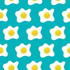 Fried eggs seamless pattern wallpaper on blue background, Simple flat design, Vector illustration