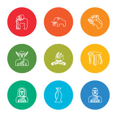 outline stroke troglodyte, pottery, troglodyte, dolmen, bonfire, troglodyte, saber toothed tiger, mammoth, dolmen, vector line icons set on rounded colorful shapes