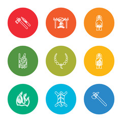 outline stroke axe, skin, fire, troglodyte, necklace, clothes, troglodyte, roast chicken, axe, vector line icons set on rounded colorful shapes
