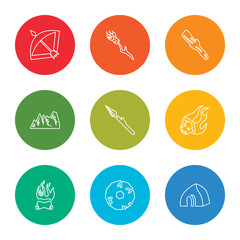 outline stroke house, wheel, bonfire, meteorite, spear, mountain, club, torch, bow, vector line icons set on rounded colorful shapes