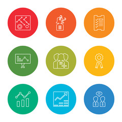 outline stroke collaboration, growth, analysis, award, customer, presentation, planning, question, connection, vector line icons set on rounded colorful shapes