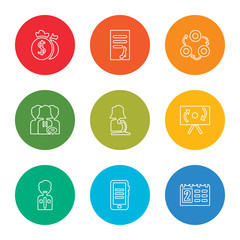 outline stroke calendar, smartphone, businessman, planning, speaker, discussion, teamwork, agreement, money bag, vector line icons set on rounded colorful shapes