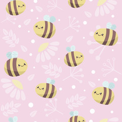 seamless background with cute cartoon honey bees, leaves and flowers