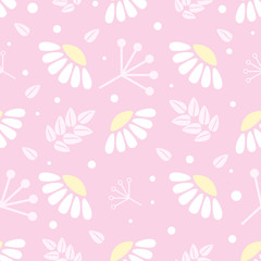 stylized chamomiles, leaves and branches, pink pastel tender background