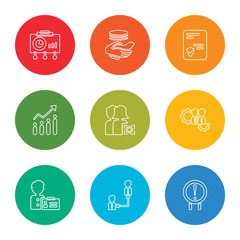 outline stroke risk, connection, visitor, teamwork, target, investment, policy, deal, planning, vector line icons set on rounded colorful shapes