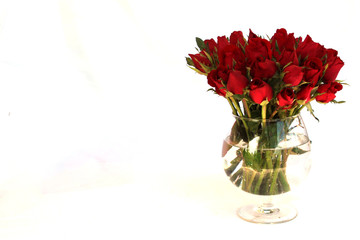 bouquet of red roses in glass vase isolated on white