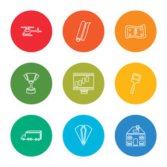 outline stroke home, diamond, delivery truck, key, graphics, trophy, money, diploma, helicopter, vector line icons set on rounded colorful shapes