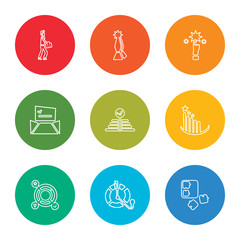 outline stroke puzzle, goal, goals, profits, success, newsletter, rate, award, work, vector line icons set on rounded colorful shapes