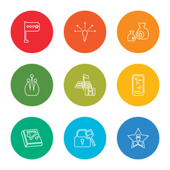 outline stroke celebrity, success, line graph, success, promotion, crown, money, idea, panel, vector line icons set on rounded colorful shapes