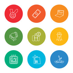 outline stroke growth, study, calendar, success, travel, money, growth, ticket, medal, vector line icons set on rounded colorful shapes