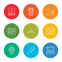 outline stroke firefly, marshmallow, fan, picture, pamela, calendar, swimming pool, portable fridge, life jacket, vector line icons set on rounded colorful shapes