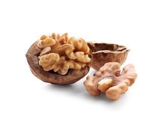 Tasty walnuts on white background