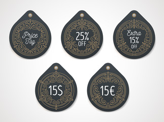 Vector set of price tag and discount label with flourishes decor.