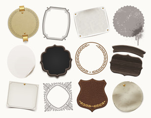 Vector set of different material frames, banners and labels.