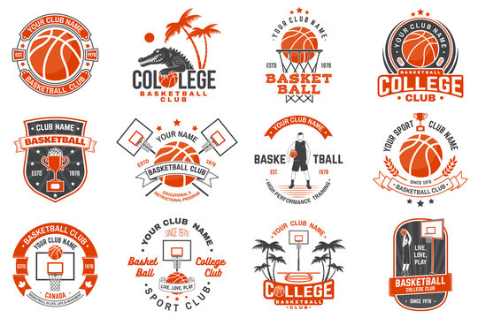 Set of basketball club badge. Vector. Concept for shirt, print, stamp or tee. Vintage typography design with basketball player, hoop and ball silhouette.