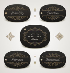Vector set of price tag or brand label with flourishes decor.
