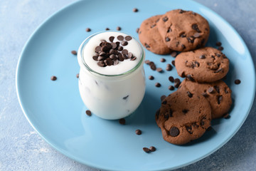 Jar with tasty yogurt and chocolate chip cookies on plate