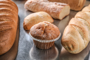 Fototapeta premium Assortment of tasty bakery products on table