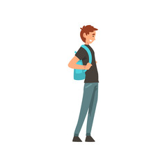 Young Smiling Man Standing with Backpack Vector Illustration